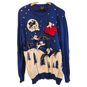 Well Worn 3D Cat Santa Sleigh Ugly Christmas Sweater Size XXL